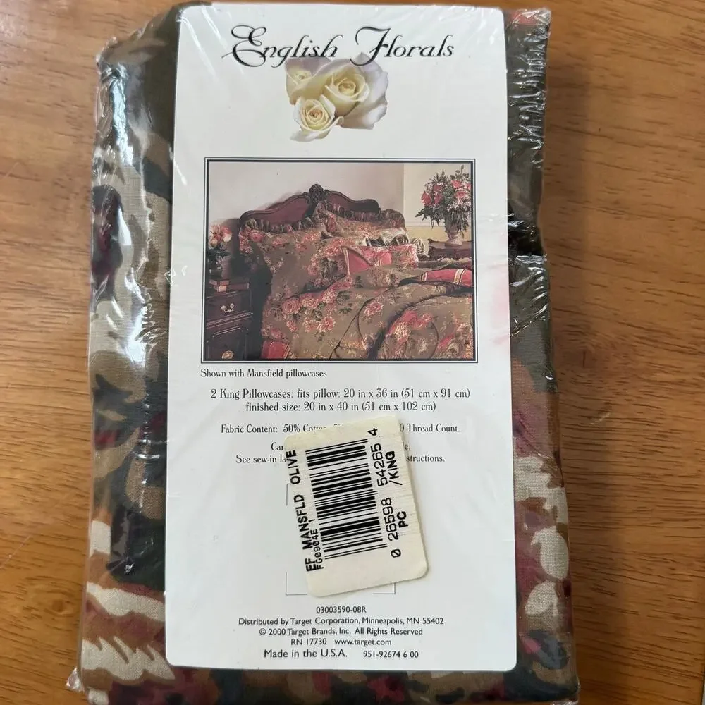English Floral Mansfield Olive King Size Pillowcases Cottage Core Burgundy Green
